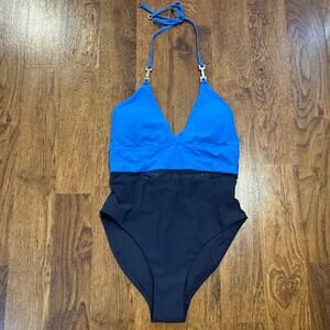 Reiss Women's Daisy Halter Neck Blue Color Block One Piece Sz 4 NWT Lux Swimwear